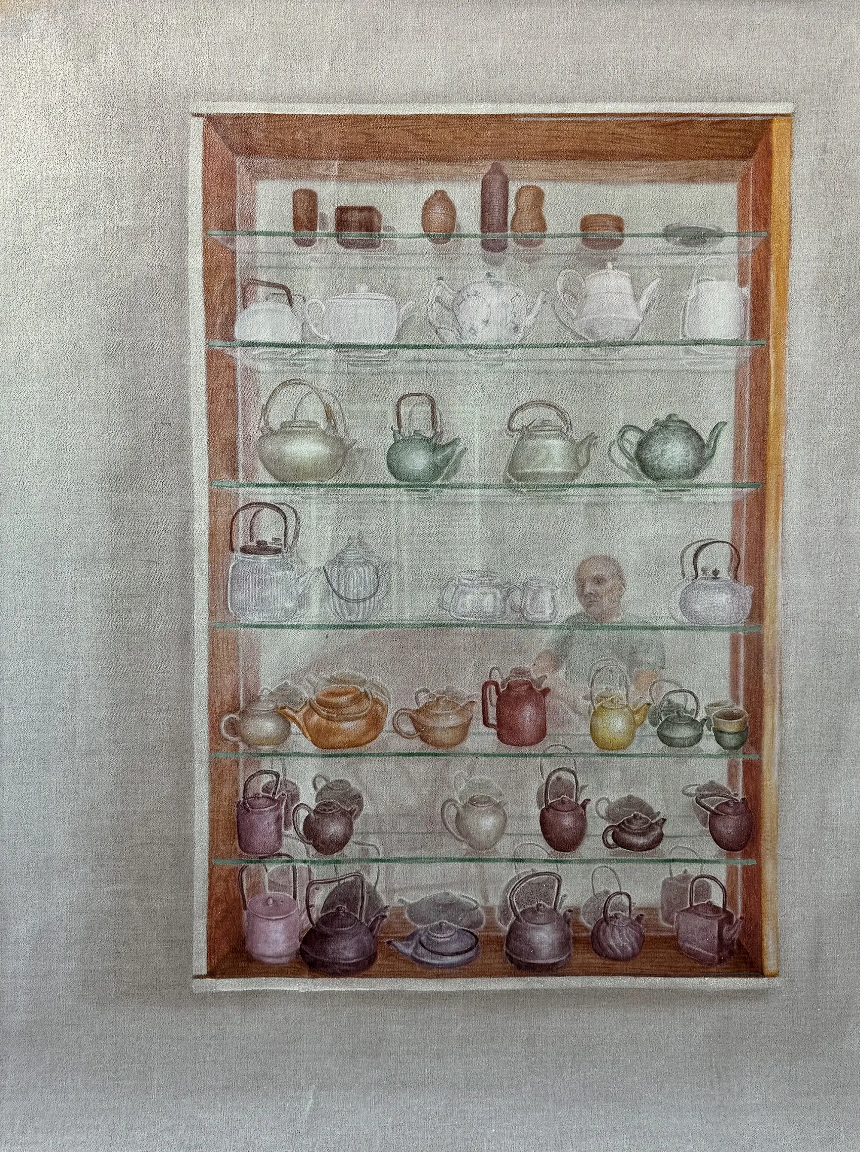 Painting of teapots displayed on glass shelves