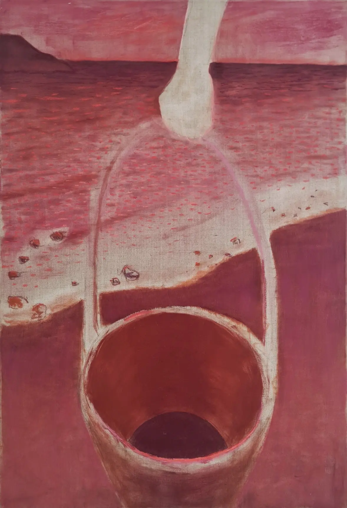 Painting of a bucket suspended above a red shoreline scene