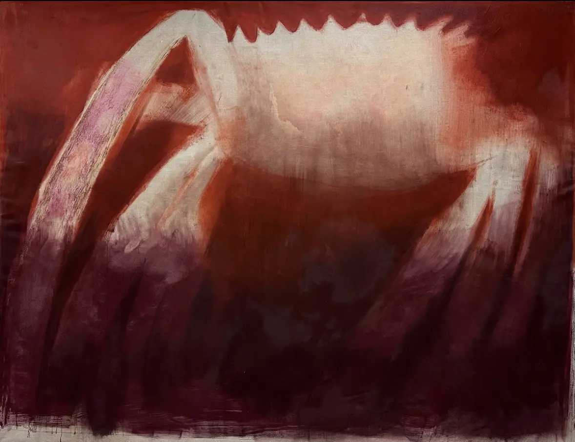 Painting with abstract crab-like forms in deep red tones