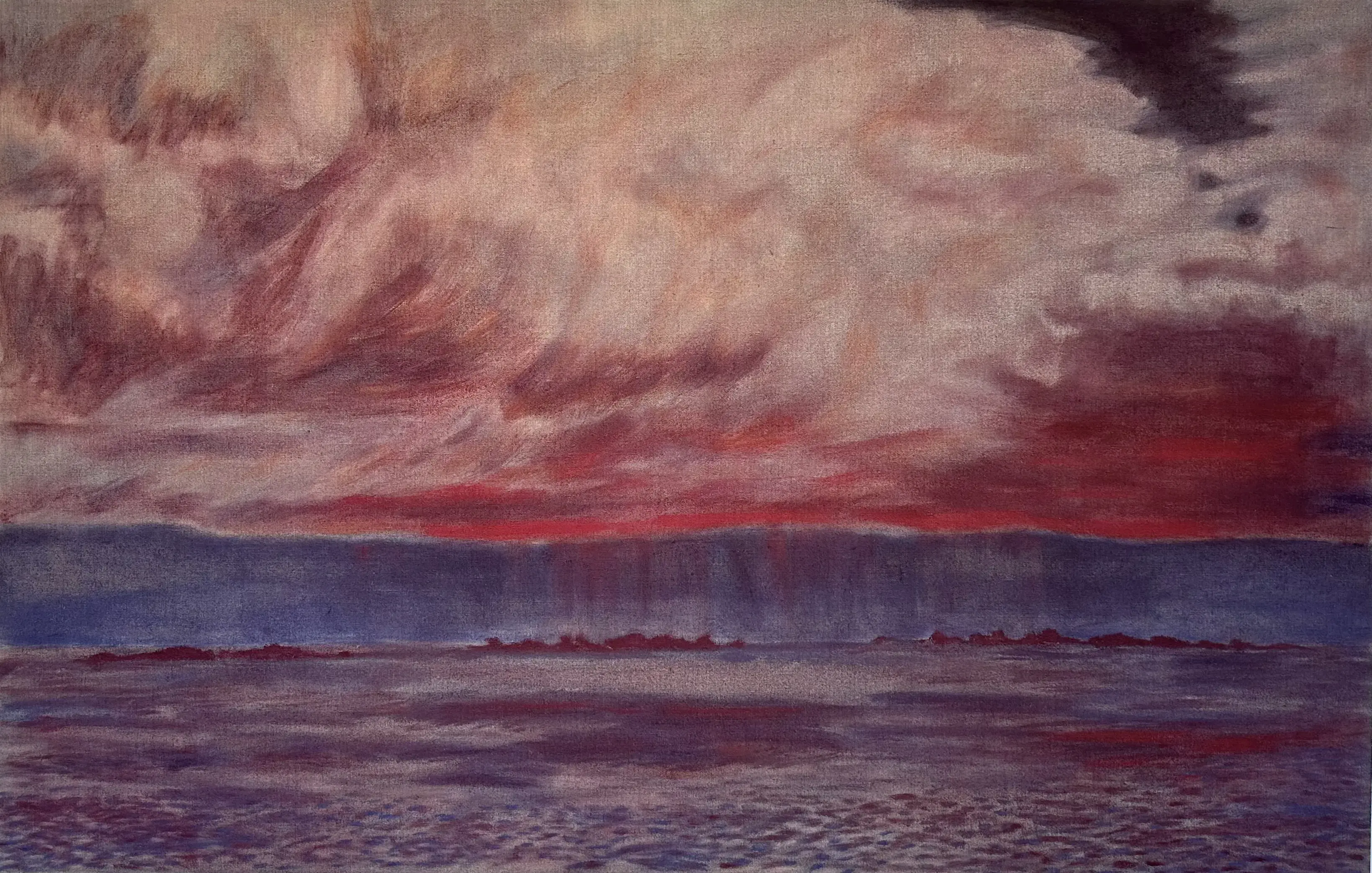 Painting of dark water and a glowing red surface above