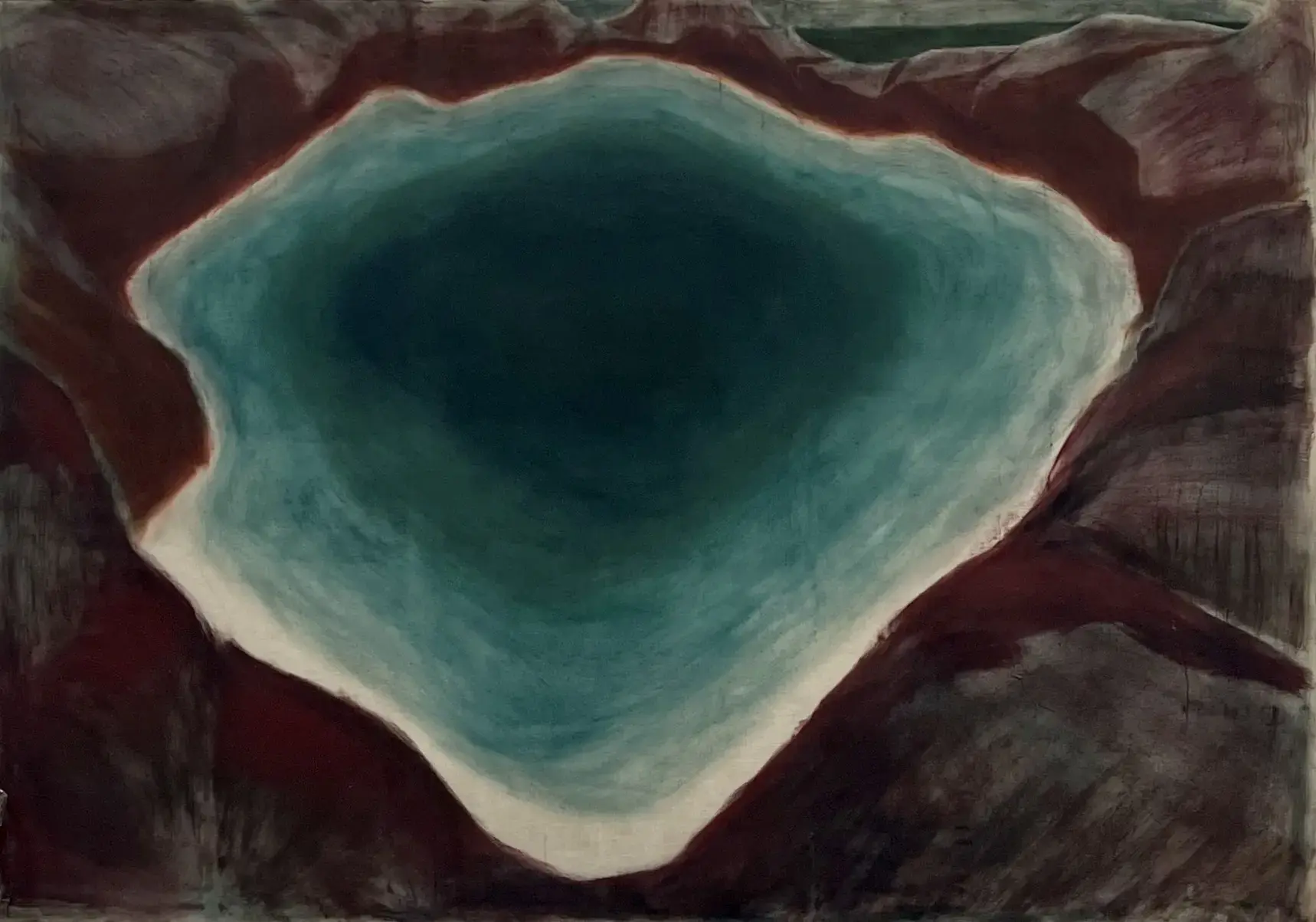 Painting of a turquoise rock pool surrounded by dark earthy forms